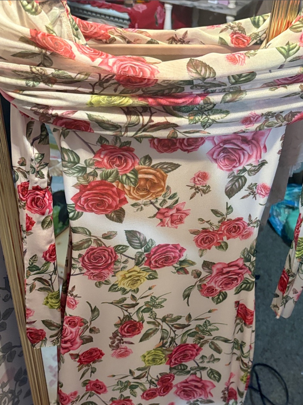 AFRM off the shoulder Theana Rose Print Drapery Panel in Pink, Green, Cream - Picture 3 of 3